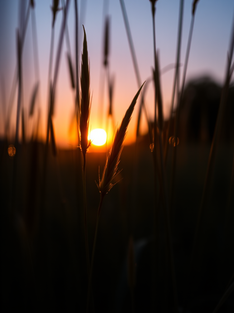 Capture a close-up of tall grass at sunrise, aperture f/2.8, ISO 100, 50mm lens, with a shallow depth of field to enhance the colors in the background, shot with a DSLR in landscape orientation.