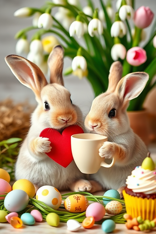 A cute scene featuring two adorable rabbits, one holding a red heart and the other sipping from a mug, surrounded by Easter decorations like colored eggs, chocolate candies, and a cupcake, with a bouquet of snowdrop flowers in the background, shot with a Canon EOS R5 at f/2.8, ISO 100, 50mm lens, natural soft lighting, and a shallow depth of field to enhance clarity and detail.