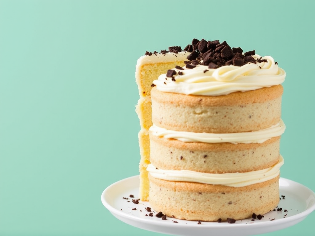 A tall layered cake with three tiers featuring light sponge cake and creamy vanilla frosting, topped with chocolate crumbs, sitting on a white plate against a solid mint green background.