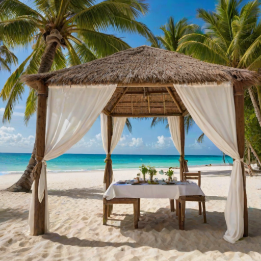 Create a picturesque tropical beach scene featuring a serene, white sandy shore. In the foreground, there's a rustic wooden canopy with white drapes gently flowing in the breeze. Underneath the canopy, a table is set with tropical decor, evoking a sense of relaxation and leisure. The beach extends into a calm, shallow water area with reflections of the sky and surroundings. Palm trees and lush greenery line the edge of the beach, providing a natural, tropical backdrop. The sky is clear with a few scattered clouds, and the overall atmosphere is tranquil and inviting, perfect for a peaceful retreat.