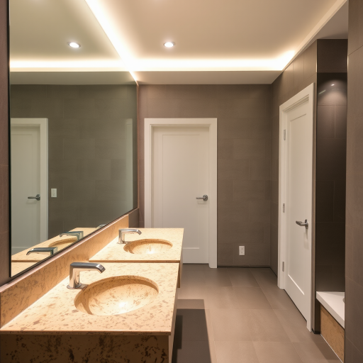 Public bath, basins of Beige granite, large mirror, white door without window, hidden lights in the ceiling walls, gray ceramic walls