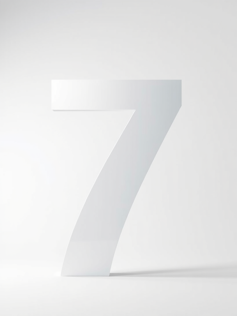 Generate a 3D rendering of a stylized number 7 with a soft gradient and shadow, using a DSLR camera with a 50mm lens at f/1.8, ISO 100, 1/200s shutter speed, in a bright studio setting with softbox lighting.
