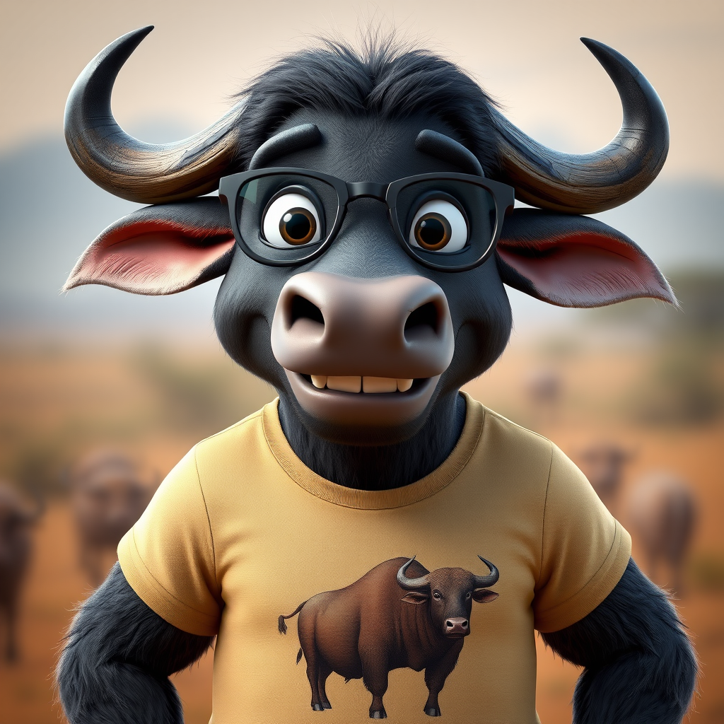 Hyperrealistic 3D render of a smiling cartoon Cape Buffalo wearing glasses and a beige t-shirt with a smaller buffalo image printed on it, missing some teeth, set against a blurred African savanna background, detailed fur, 8k resolution, octane render, artstation trending.