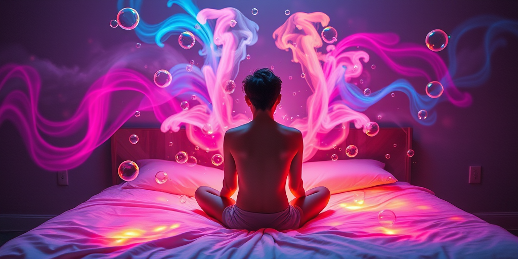 Generate an ethereal scene of a person sitting on a bed with vibrant colorful swirls and bubbles emanating from them, captured with a DSLR camera at f/1.8 aperture, ISO 100, 50mm lens, in a low light setting to enhance contrast and saturation, shot from a slightly elevated angle for a dramatic effect.