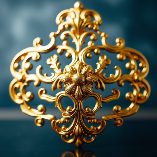 Create a high-resolution image of an ornate golden decorative piece with intricate swirling patterns, using a DSLR camera with an aperture of f/2.8, a shutter speed of 1/125 seconds, and a focal length of 50mm, captured from a front-facing view with a soft focus background to enhance the detail and richness of the gold finish.