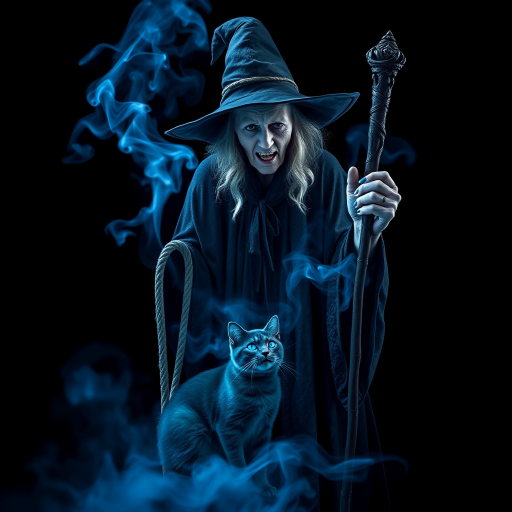 Close-up of a mysterious old crone female witch and her cat made of blue smoke are standing in the dark cackling evilly at the viewer. The smoke is a deep blue, and the background is black. The crone is wearing a long, flowing robe and has a pointed hat on her head. She is holding a staff in one hand and has a mischievous look on her face. The cat is sitting at her feet, looking up at her with glowing blue eyes. The smoke around them is swirling and shifting, as if it has a life of its own. The overall effect is eerie and magical.