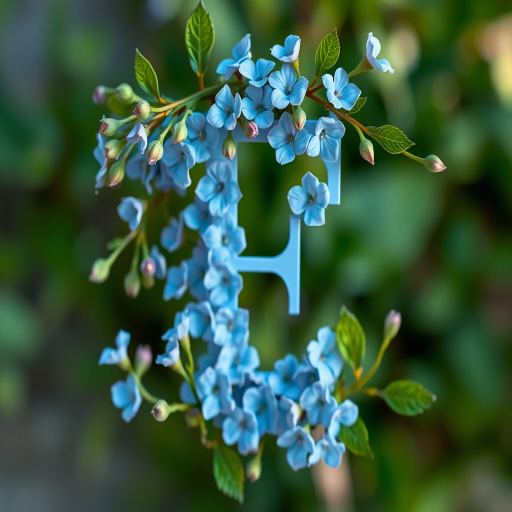 Create a floral monogram letter F with delicate blue flowers and green leaves intertwined around the letter, captured in a soft focus with natural lighting, using a DSLR camera, 50mm lens, aperture f/2.8, ISO 100, shot from eye level.