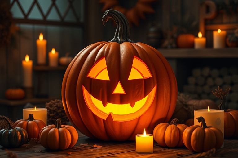 A cozy Halloween scene featuring a carved pumpkin with a cheerful face glowing warmly from within surrounded by flickering candles and smaller pumpkins in a dimly lit room with wooden textures and autumn decorations.