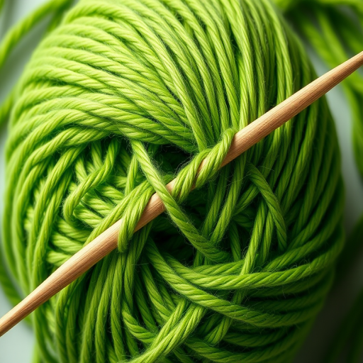 Create a high-resolution illustration of a ball of green yarn with knitting needles, shot with a DSLR camera at f/2.8, 50mm lens, ISO 100, with soft diffused lighting, overhead view to enhance details and textures.