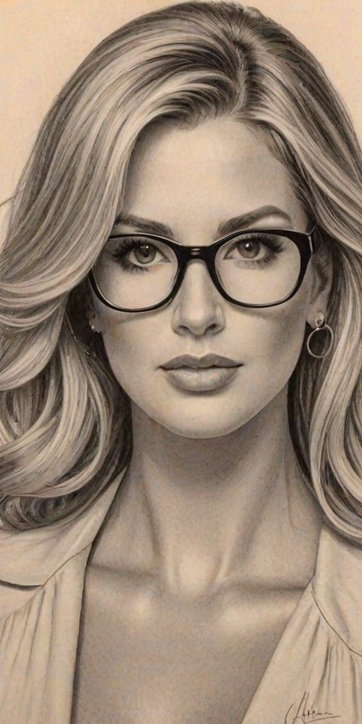 Gorgeous Kim Zolciak, pencil sketch, portrait of Beauteous woman 1931s in glasses, hair style beatnik, outline, clear lines, fine lines, 8k