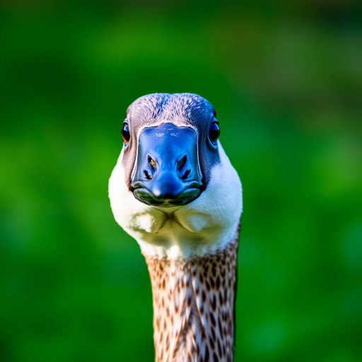 Close-up of a goose's head with a blurred green background, captured with a DSLR camera, 85mm lens, f/2.8 aperture, 1/200s shutter speed, ISO 100, natural lighting.