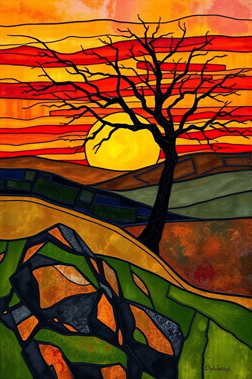 A vibrant abstract painting on Tiffany Glass, blending acrylic and alcohol ink techniques, captures a dramatic sunset over rolling hills. The artwork features a textured, rocky foreground in green and brown, layered abstract hills, and a striking sunset in rich oranges, yellows, and reds. A solitary black tree with intricate branches contrasts against the fiery sky, creating a dynamic and expressive portrayal of a breathtaking natural scene.
