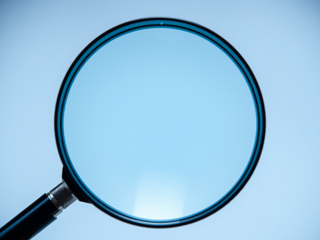 Create a high-resolution image of a magnifying glass with a transparent lens showing a soft blue gradient, use a shallow depth of field, shot with a 50mm lens at f/2.8, soft natural lighting, and a top-down view.