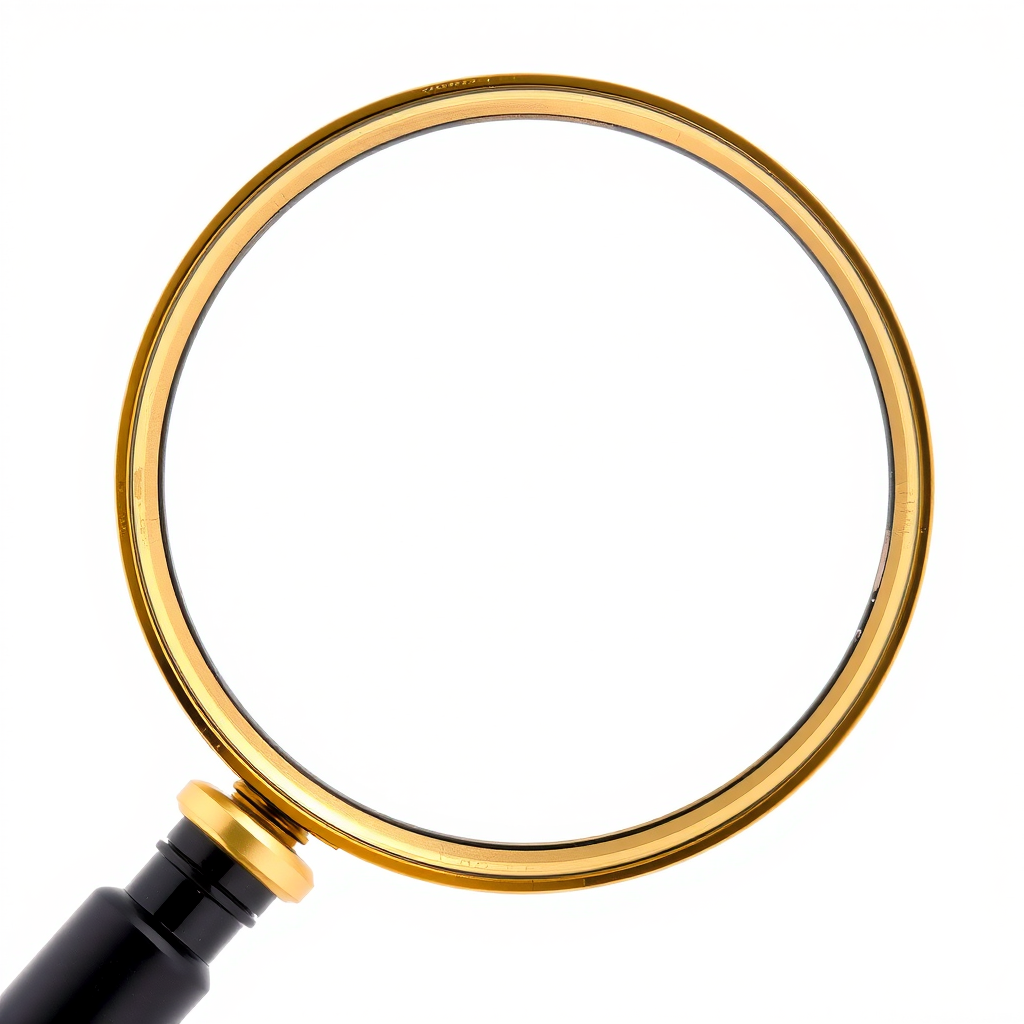 Create an image of a magnifying glass with a large, clear glass lens and a golden circular frame, set against a clean white background, using a DSLR camera with a 50mm lens at f/2.8, ISO 100, and a soft focus to enhance detail and clarity.