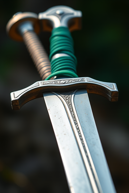 Create a high-resolution image of a sword with a shiny silver blade and a detailed hilt wrapped in green, use a 50mm lens at f/8 aperture, set ISO to 100, with a soft focused background and vibrant colors, captured in natural lighting.