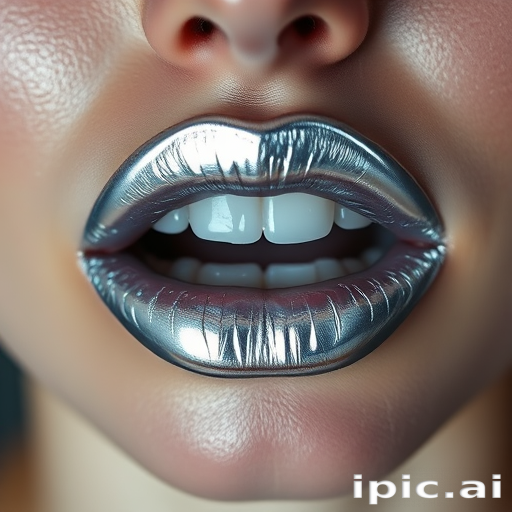 Edgy metallic silver lips reflect light dramatically, creating a futuristic and avant-garde look that pushes the boundaries of traditional beauty