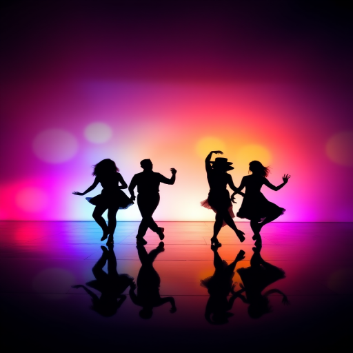 Create a vibrant silhouette dance scene featuring four figures against a colorful gradient background with reflections, shot with a DSLR camera at f/8 aperture, ISO 200, 1/125 second shutter speed, in portrait view, using a wide-angle lens for enhanced perspective.