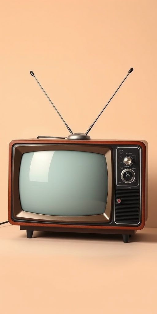 Create a vintage television set with a wooden frame and extended antennae on a neutral background, using a DSLR camera with a 50mm lens, f/2.8 aperture, 1/200 shutter speed, and soft lighting for enhanced image quality.
