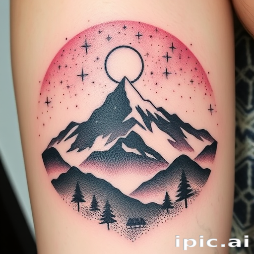Dotwork landscape tattoo called "Celestial Terrain" using thousands of tiny dots to create a dreamy mountainscape merging with a starry night sky and cosmic elements