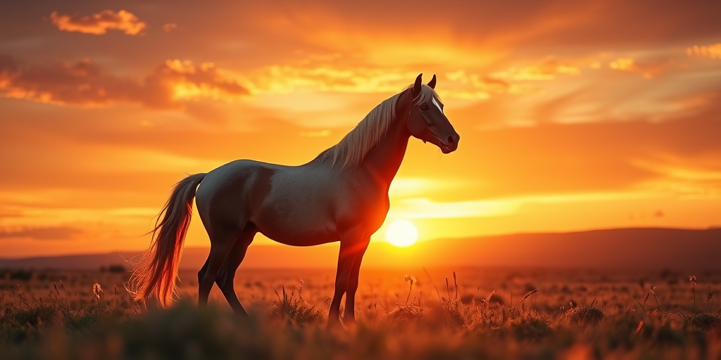 Regenerate the image of a majestic horse in a dramatic sunset landscape, use a Canon EOS R5 with a 50mm lens, aperture set to f/1.8, ISO 200, and 1/200 sec shutter speed for enhanced clarity and depth.