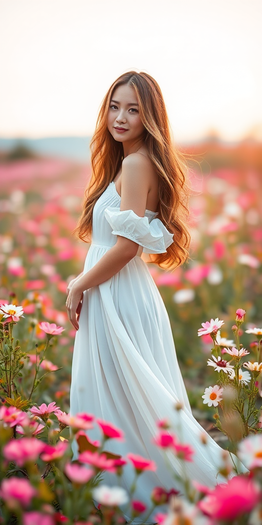 a serene woman in a flowing white dress standing among blooming flowers in a dreamy landscape, soft focus, ISO 100, f/1.8, 1/250s, portrait view, DSLR, natural light, high dynamic range
