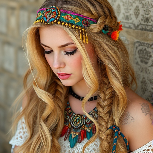 Bohemian beauty with long, tousled honey blonde locks adorned with intricate braids and adorned with colorful boho-inspired accessories