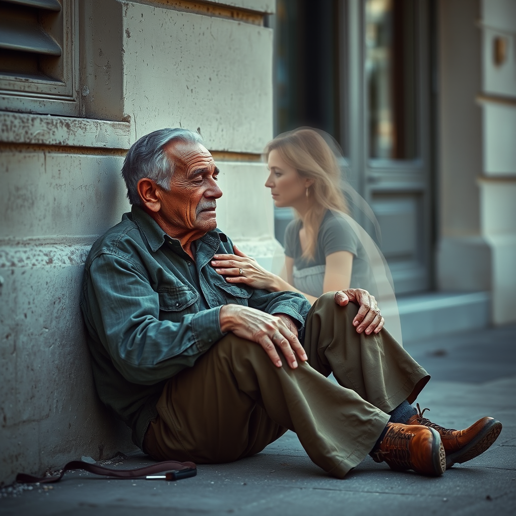 beautifully weathered old homeless veteran sitting on the ground slumping against the wall of a building with his eyes closed. there is an Ethereal, translucent figure of a beautiful elderly woman comforting him