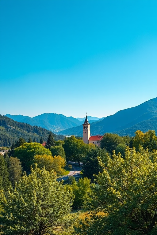 Regenerate a landscape image featuring a distant clock tower surrounded by greenery and mountains under a clear blue sky, captured with a Canon EOS R5 at f/8, 1/200s, ISO 100, using a wide-angle lens and a vibrant color profile.