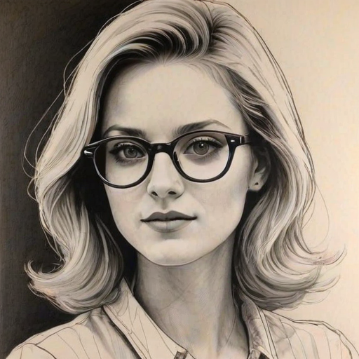 Wonderful Jessica Cauffiel, pencil sketch, portrait of Enticing woman 1977s in glasses, hair style beatnik, outline, clear lines, fine lines, 8k