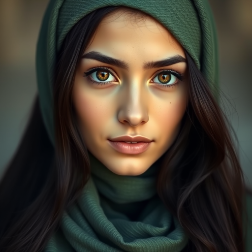 Create a portrait of a young Middle Eastern woman with long, dark hair and captivating hazel eyes. She is wearing a green headscarf and a matching scarf draped gracefully around her neck. The background is softly blurred, focusing attention on her serene and natural expression. The overall color palette is muted and warm, enhancing the intimate and authentic feel of the portrait.
