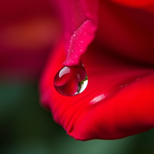 Sharp, detailed close-up of a raindrop sliding down the petal of a vibrant red rose, soft light reflecting off the delicate surface, with tiny veins visible on the petal.