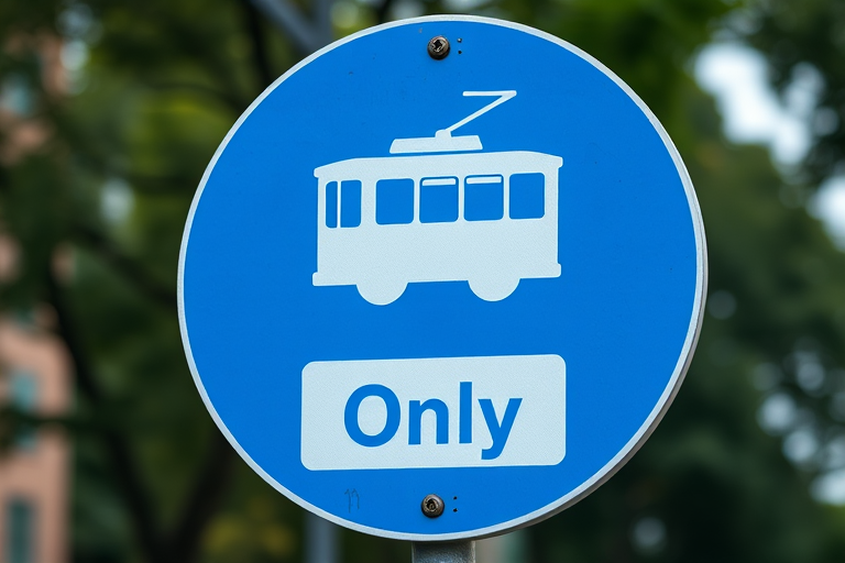 Create an image of a blue circular traffic sign featuring a white tram silhouette with the word "Only" on a rectangular sign below it, captured with a DSLR camera at f/8 aperture, 1/200 sec shutter speed, ISO 100, taken from a slightly angled view to enhance depth.