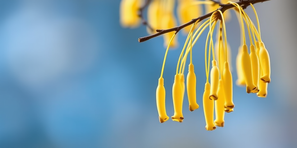 Create a high-resolution image of yellow catkins hanging from a branch against a blurred blue background, using a DSLR camera with a 50mm lens, aperture set to f/2.8, ISO 100, and a shutter speed of 1/200 sec, captured in natural light with a shallow depth of field for enhanced focus on the catkins.
