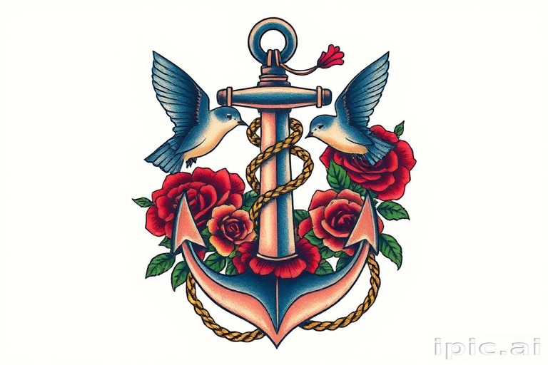 Neo-traditional tattoo named "Nautical Nostalgia" featuring a vibrant anchor entwined with roses, swallows, and nautical ropes, using bold outlines and a rich color palette of navy, crimson, and forest green