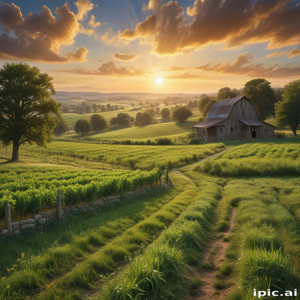 Tranquil Sunset Over Serene Fields and a Rustic Barn Landscape