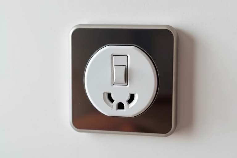 Generate an image of a modern electrical outlet with a sleek design, high-resolution, using macro lens, f/2.8 aperture, 50mm focal length, soft natural lighting, and a neutral background to enhance clarity and detail.
