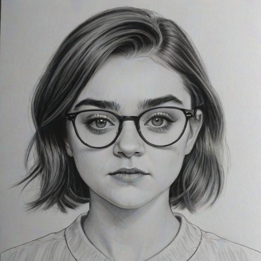 Exquisite Maisie Williams, pencil sketch, portrait of Elegant woman 1972s in glasses, hair style beatnik, outline, clear lines, fine lines, 8k