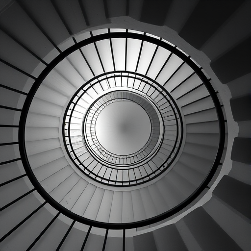 regenerate the image of a spiral staircase viewed from above in black and white, utilize a DSLR camera with a 35mm lens, aperture f/8, ISO 100, shutter speed 1/60, soft natural lighting, and a wide-angle perspective to enhance depth and detail.
