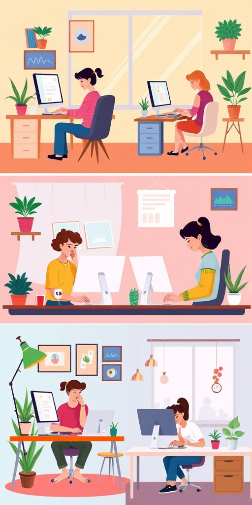 Create a vibrant illustration featuring four scenes of people working at home on computers, with a modern flat design style, high resolution, soft lighting, shot with a DSLR camera at f/2.8, ISO 100, 24mm lens, top-down view, focus on colorful details and casual home office elements like plants and coffee mugs.