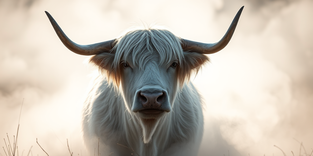 a majestic white yak emerging from a swirling mist with dramatic lighting, high detail, 50mm lens, f/1.8 aperture, ISO 100, soft focus background, high dynamic range photography, shot from a low angle for impact