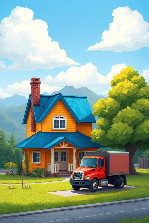Create a vibrant cartoon-style image of a quirky house with a blue roof, a red truck parked in front, a large green tree on the side, and mountains in the background under a bright sky with fluffy clouds, using a DSLR camera with a 50mm lens at f/8, ISO 200, and a wide-angle view to enhance the colors and details.