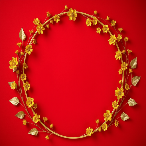 Generate an image of an elegant circular frame adorned with golden flowers and leaves on a rich red background, using a Canon EOS R5 camera, 50mm lens, f/2.8 aperture, ISO 100, in soft natural lighting with a shallow depth of field to enhance details.