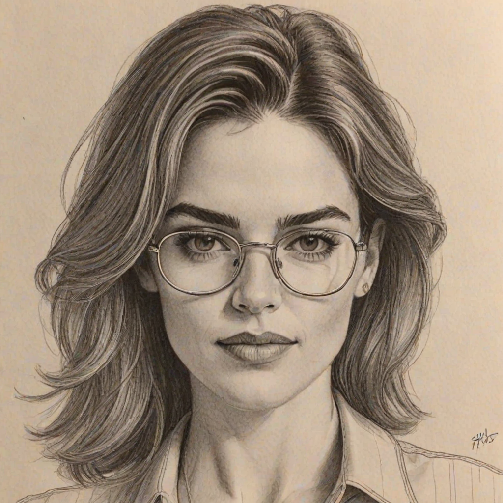 Stunning Amelia Heinle, pencil sketch, portrait of Stunning woman 1977s in glasses, hair style beatnik, outline, clear lines, fine lines, 8k