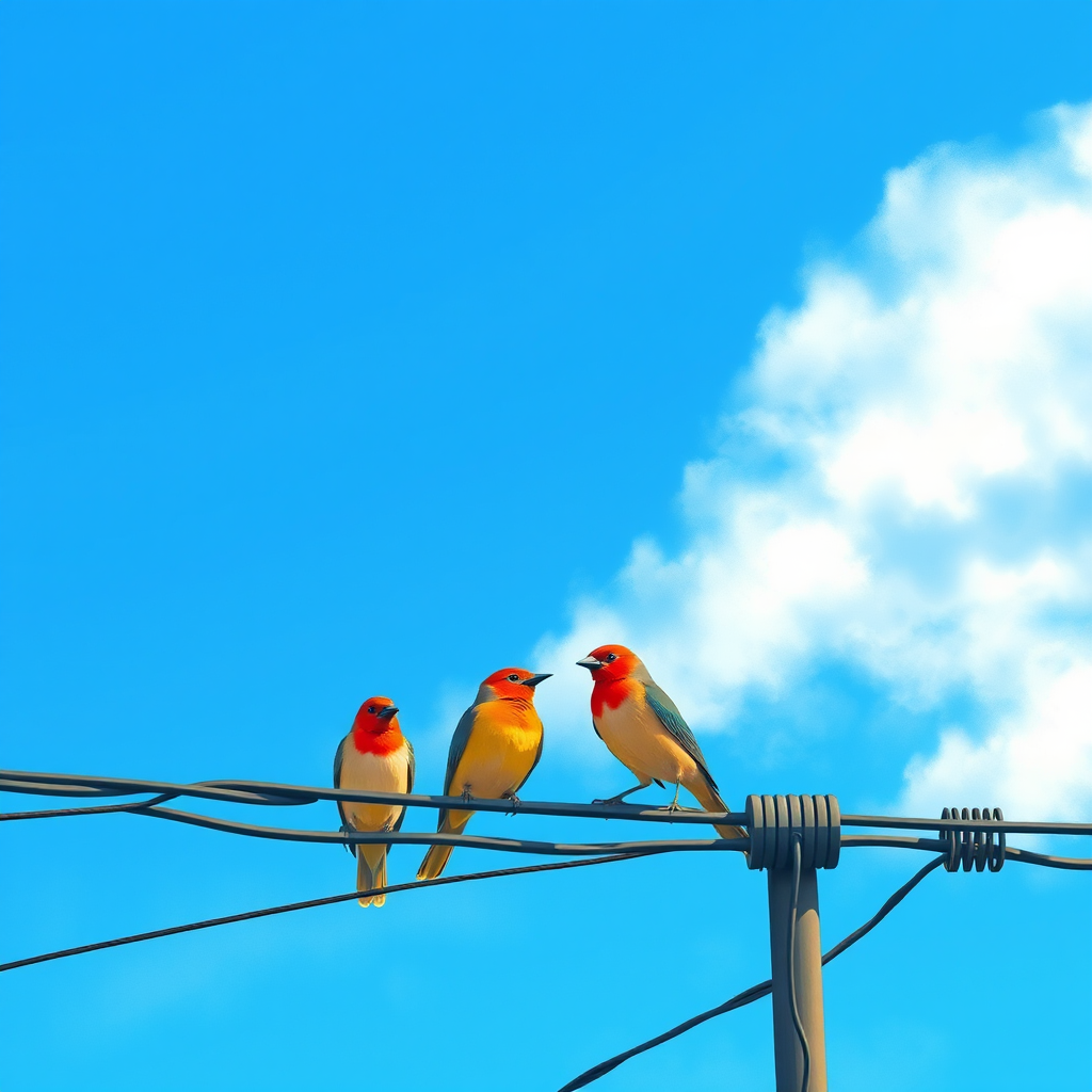 A vibrant illustration of four birds on power lines against a bright blue sky, incorporating a wide-angle lens to capture the scene with high saturation, f/8 aperture for sharp depth of field, ISO 100 for minimal noise, and a digital mirrorless camera for enhanced clarity and detail.
