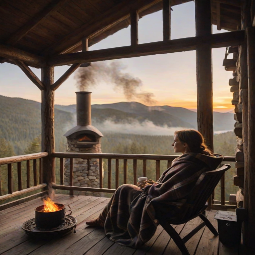 Mountain cabin in the early morning, smoke rising from the chimney, and a woman sitting on the porch, wrapped in a blanket, sipping coffee as she watches the sunrise.