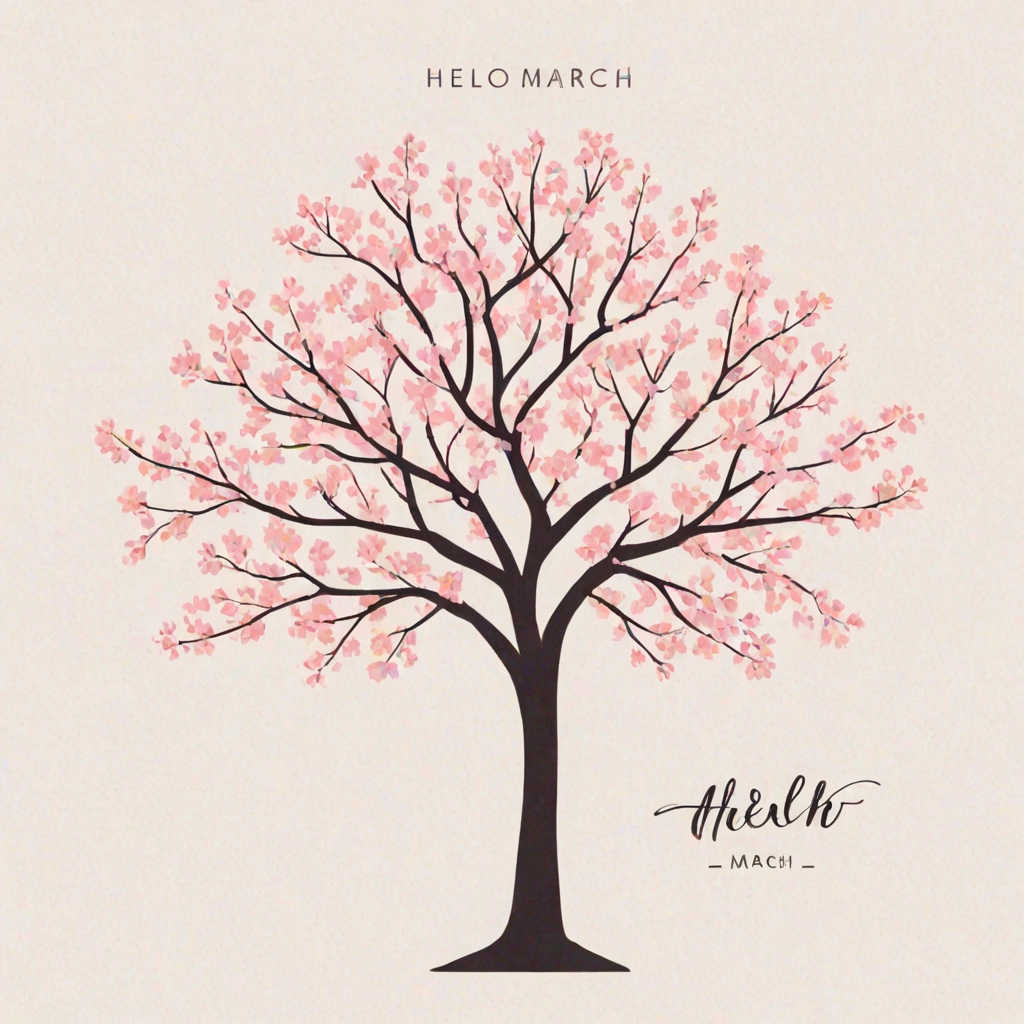 Create a minimalist illustration featuring a pink cherry blossom tree with a white background, accompanied by the text "Hello March" in a stylish font.