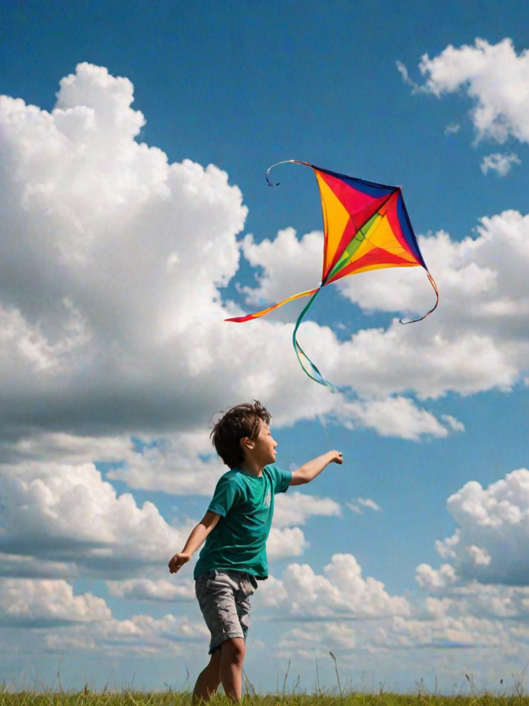 Blurry action shot of a child flying a kite on a windy day, with bright colors of the kite contrasting against a deep blue sky filled with fluffy white clouds.