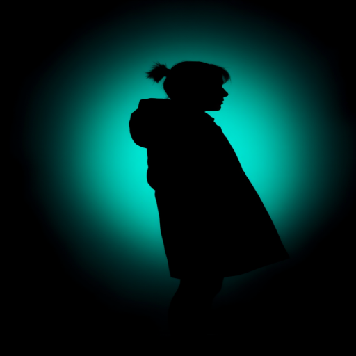 Create a silhouette of a person in a dark coat against a glowing teal background, using a DSLR camera with a 50mm lens at f/1.8 aperture, ISO 200, and a shallow depth of field to enhance the contrast and focus on the silhouette.