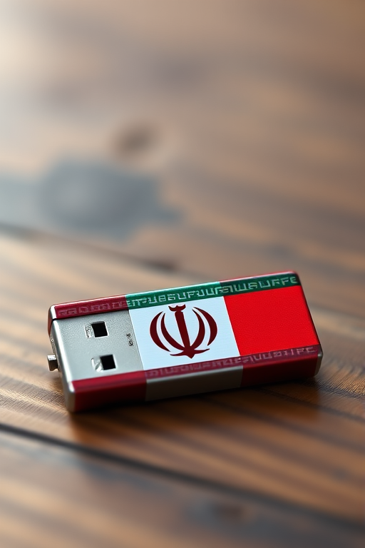 Create a high-resolution image of a USB flash drive with the Iranian flag design, using a DSLR camera with a 50mm lens, aperture set to f/1.8, ISO 100, and a slight depth of field to enhance focus on the flash drive against a blurred background.