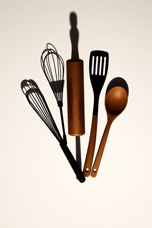 Create a high-resolution image of a silhouette featuring a rolling pin, a whisk, a spatula, and a wooden spoon arranged artistically on a plain background, taken with a Canon EOS R5, 50mm lens, f/2.8 aperture, ISO 100, with a soft diffused lighting style.